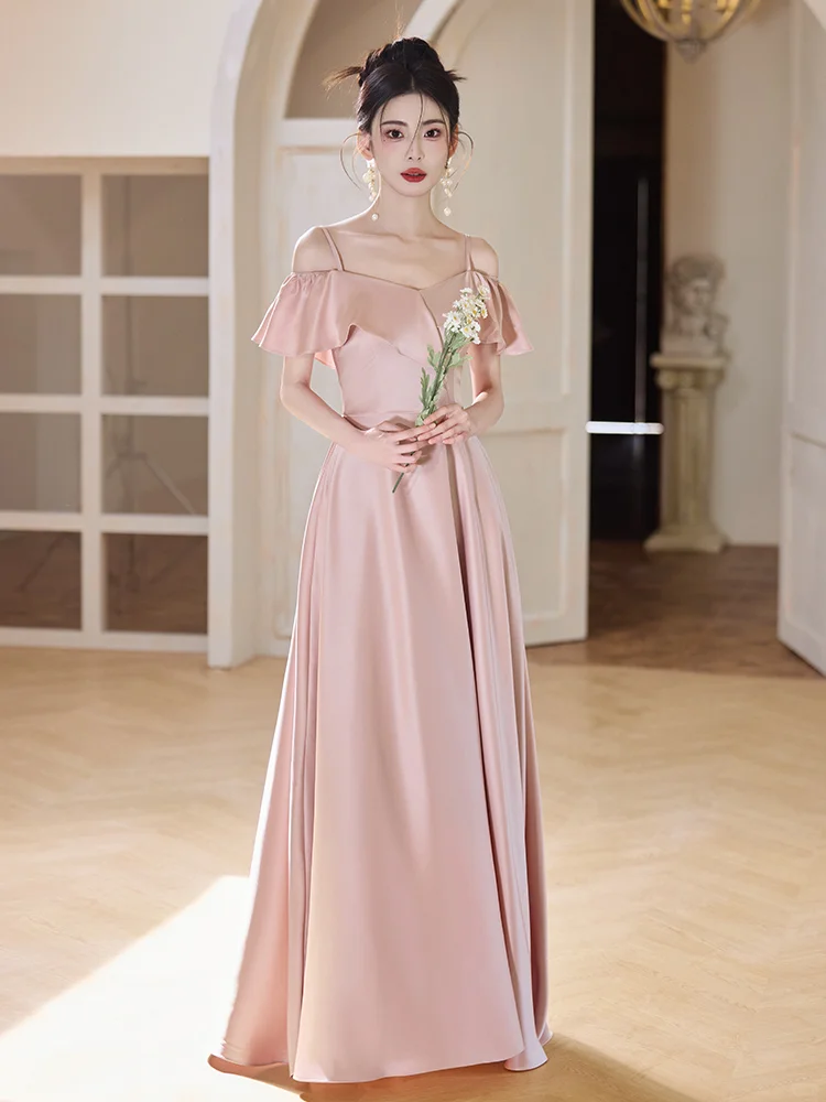 Elegant A Line Spaghetti Straps Blush Pink Satin Long Bridesmaid Dress
