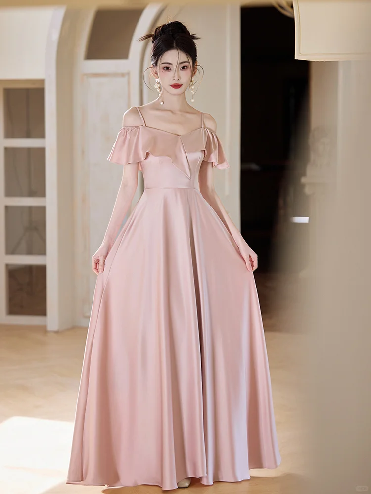Elegant A Line Spaghetti Straps Blush Pink Satin Long Bridesmaid Dress
