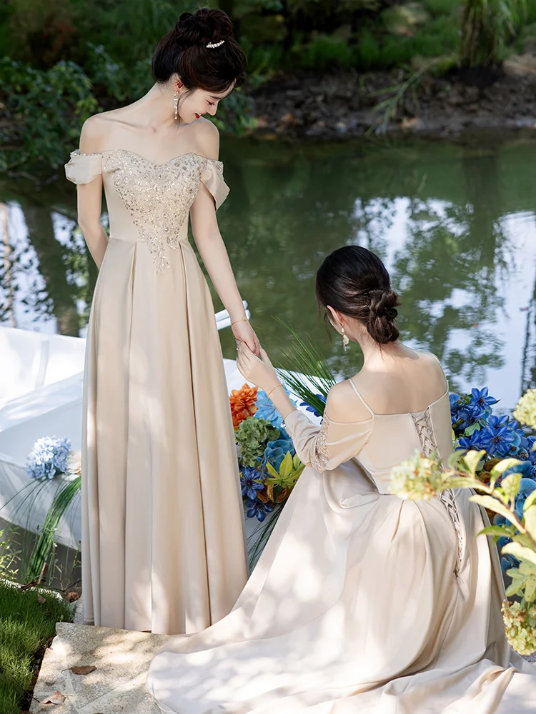 Classy A Line Off The Shoulder Satin Long Bridesmaid Dress