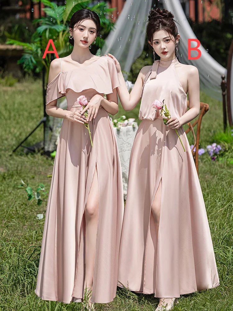 Classy Pink A Line Satin Long Bridesmaid Dress
