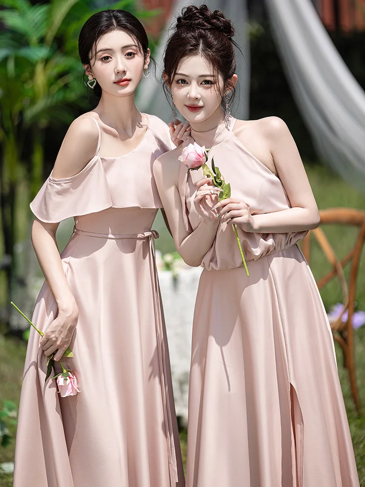 Classy Pink A Line Satin Long Bridesmaid Dress