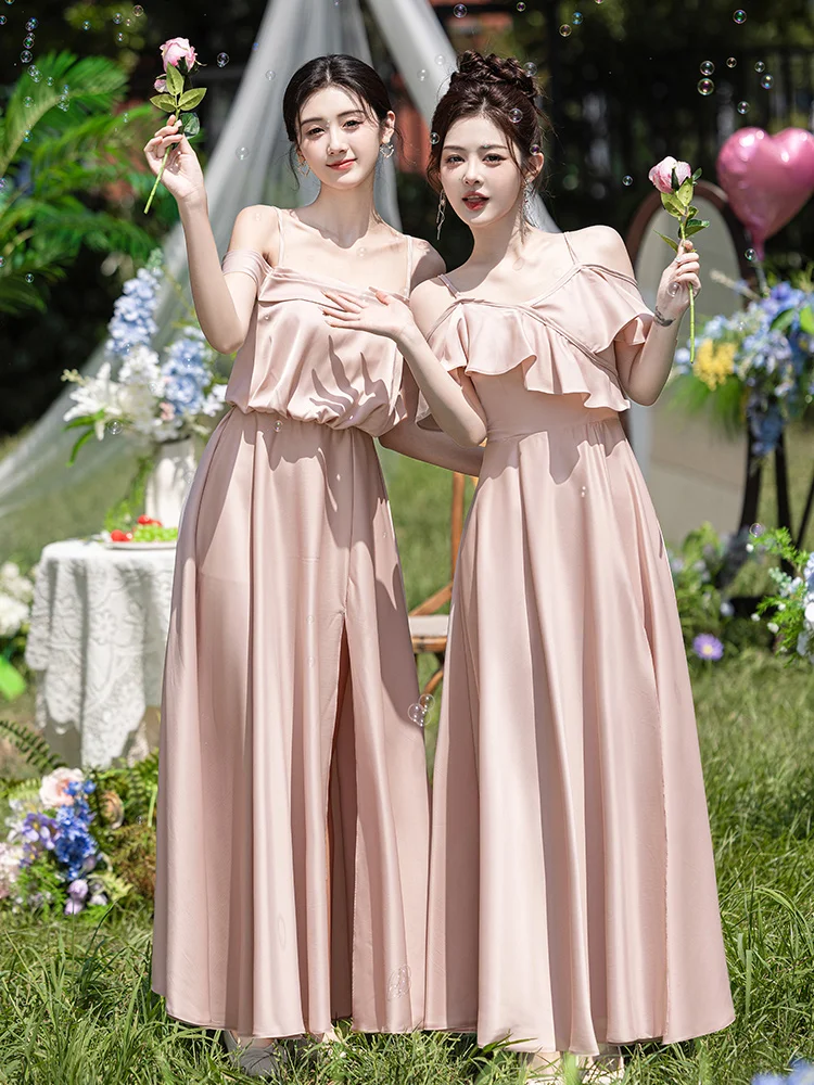 Classy Pink A Line Satin Long Bridesmaid Dress