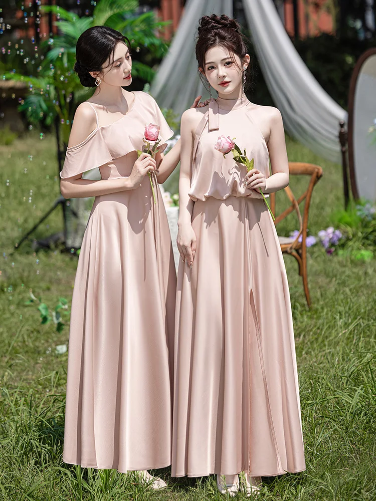 Classy Pink A Line Satin Long Bridesmaid Dress