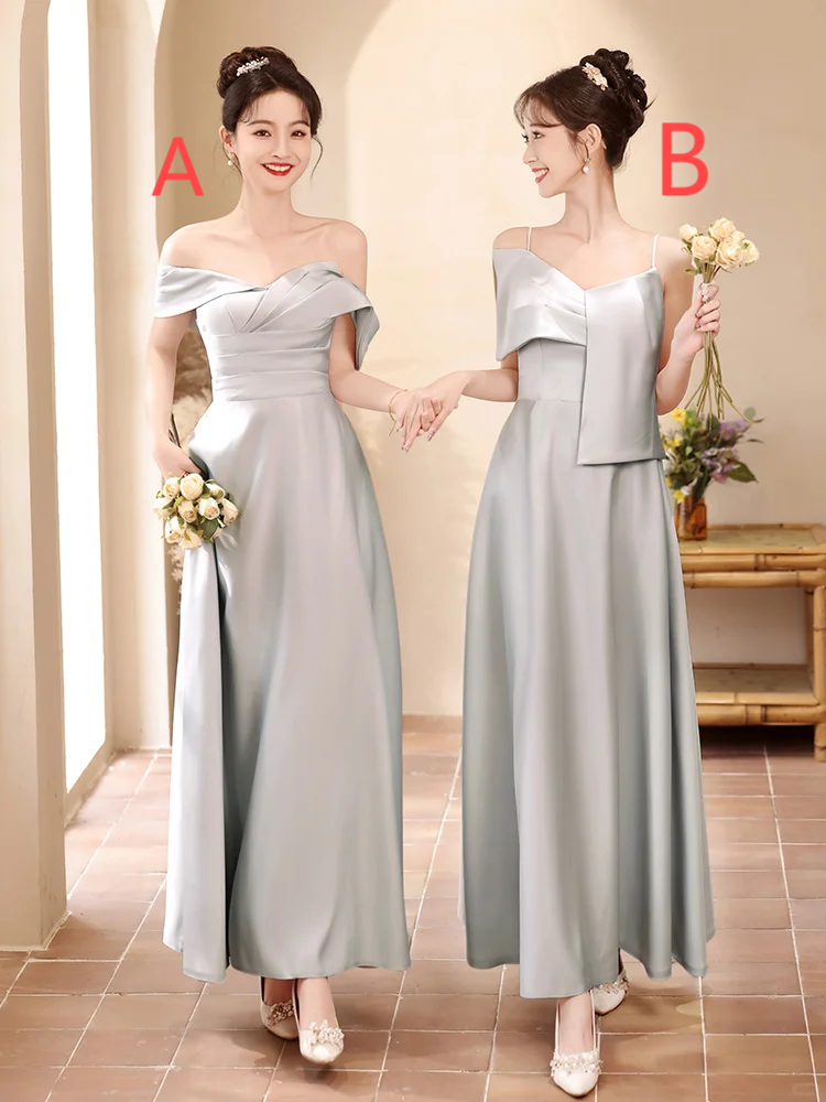 Elegant A Line Gray Satin Long Bridesmaid Dress