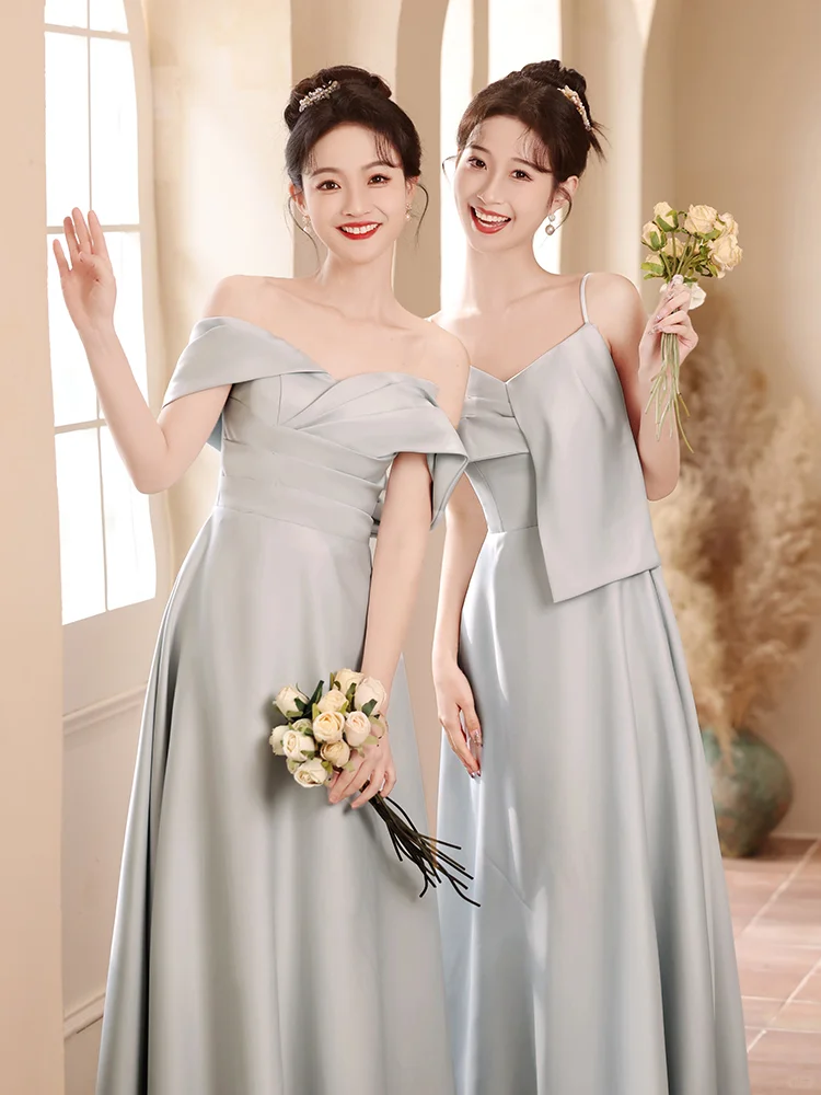 Elegant A Line Gray Satin Long Bridesmaid Dress