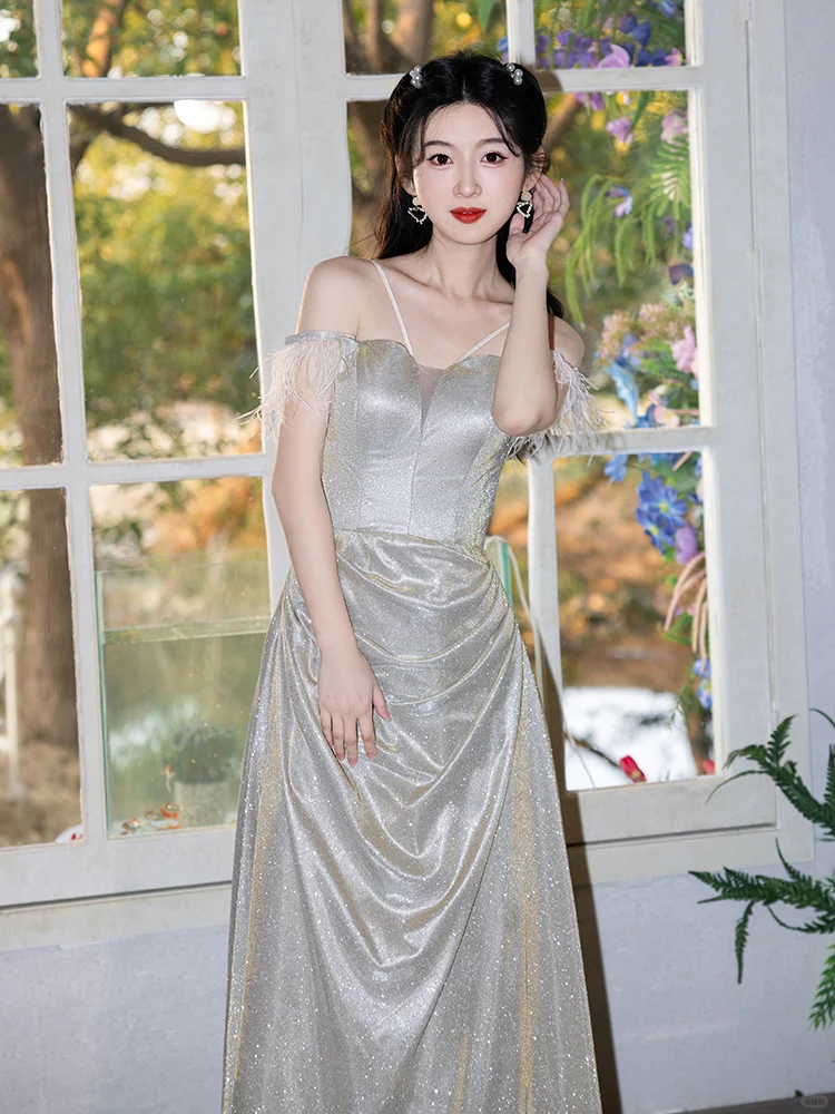Shiny A Line Off The Shoulder Satin Sequin Long Bridesmaid Dress