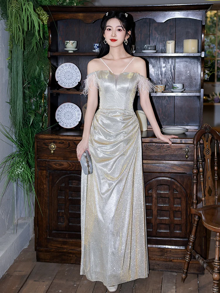 Shiny A Line Off The Shoulder Satin Sequin Long Bridesmaid Dress