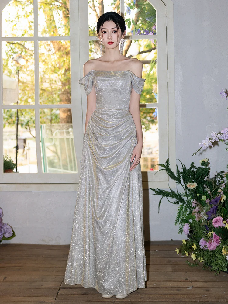 Elegant A Line Off The Shoulder Satin Sequin Long Bridesmaid Dress