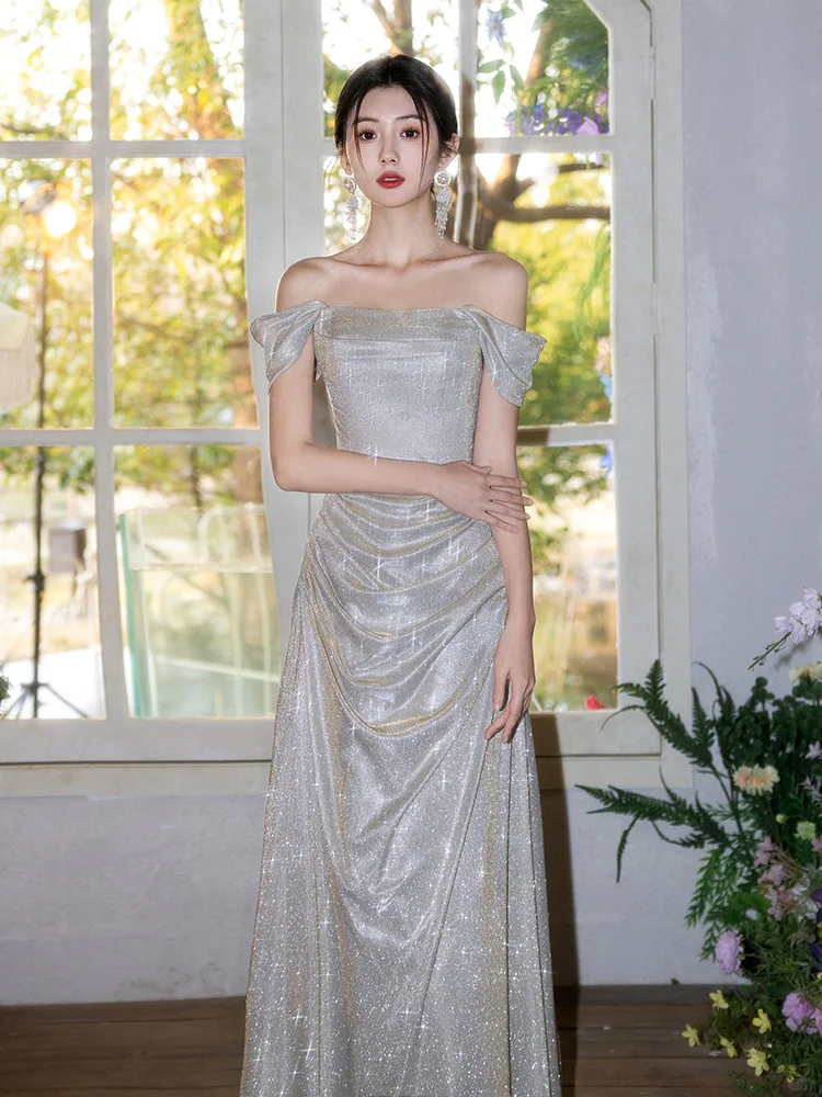Elegant A Line Off The Shoulder Satin Sequin Long Bridesmaid Dress