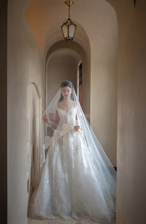 Dreamy Ball Gown Spaghetti Straps Tulle Lace Applique Long Wedding Dresses