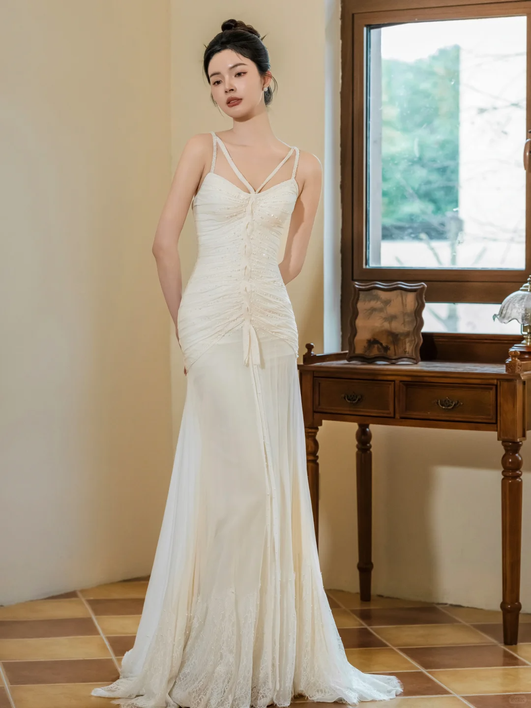 Dreamy Mermaid Spaghetti Straps Chiffon Lace Beaded Long Wedding Dresses