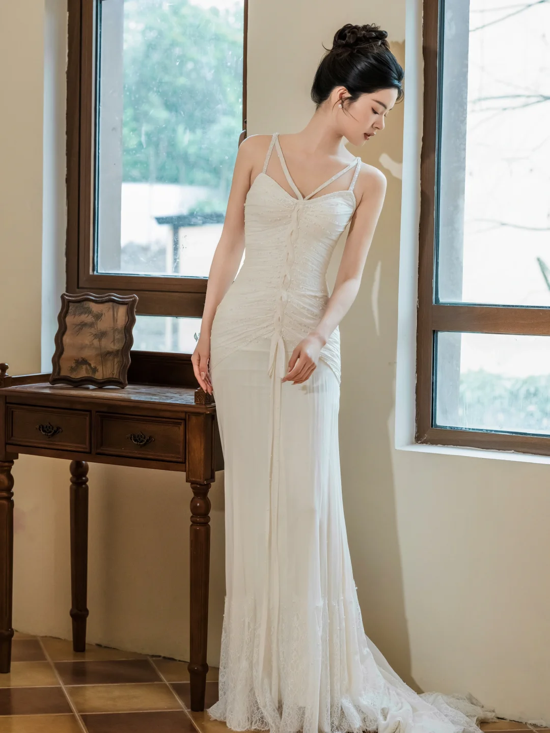 Dreamy Mermaid Spaghetti Straps Chiffon Lace Beaded Long Wedding Dresses