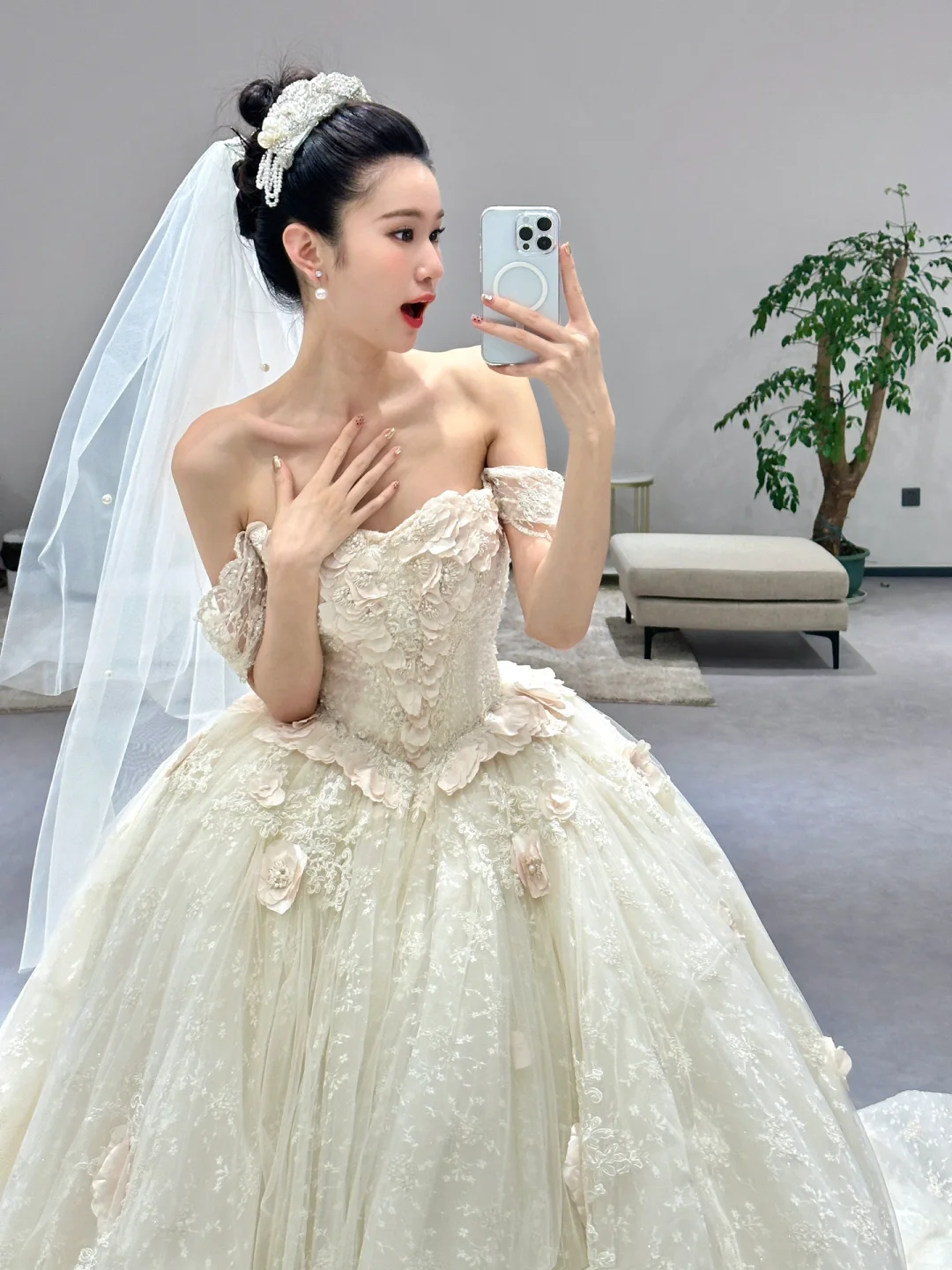 Dreamy Ball Gown Off The Shoulder Tulle Lace Applique With Veil Long Wedding Dresses