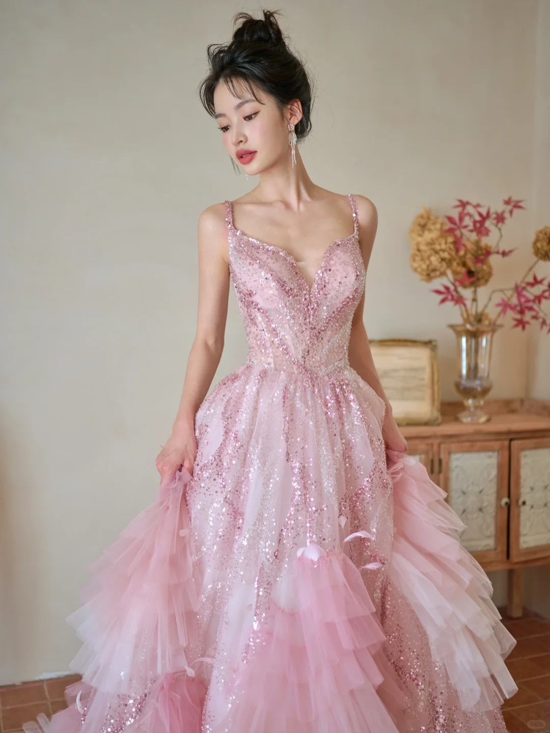 Pretty Summer Ball Gown Spaghetti Straps Pink Tulle Sequin Long Prom Dresses