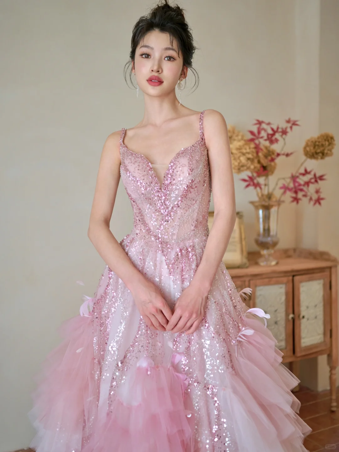 Pretty Summer Ball Gown Spaghetti Straps Pink Tulle Sequin Long Prom Dresses