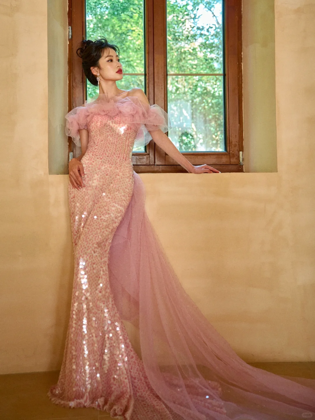 Unique Elegant Mermaid Off The Shoulder Pink Tulle Sequin Long Prom Dresses