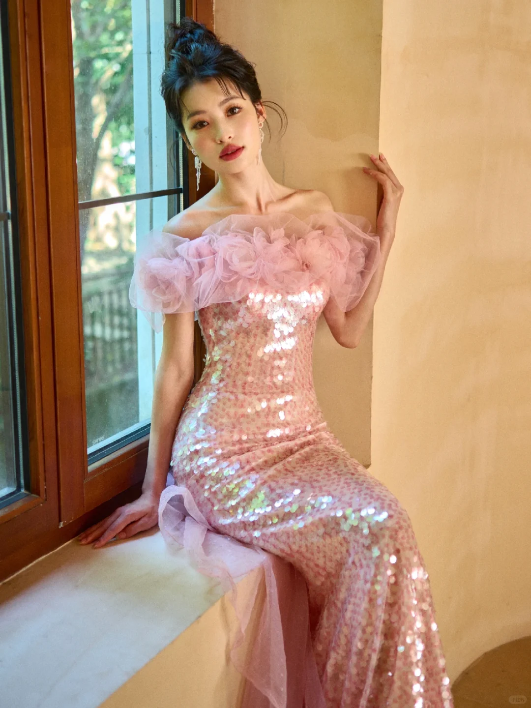 Unique Elegant Mermaid Off The Shoulder Pink Tulle Sequin Long Prom Dresses
