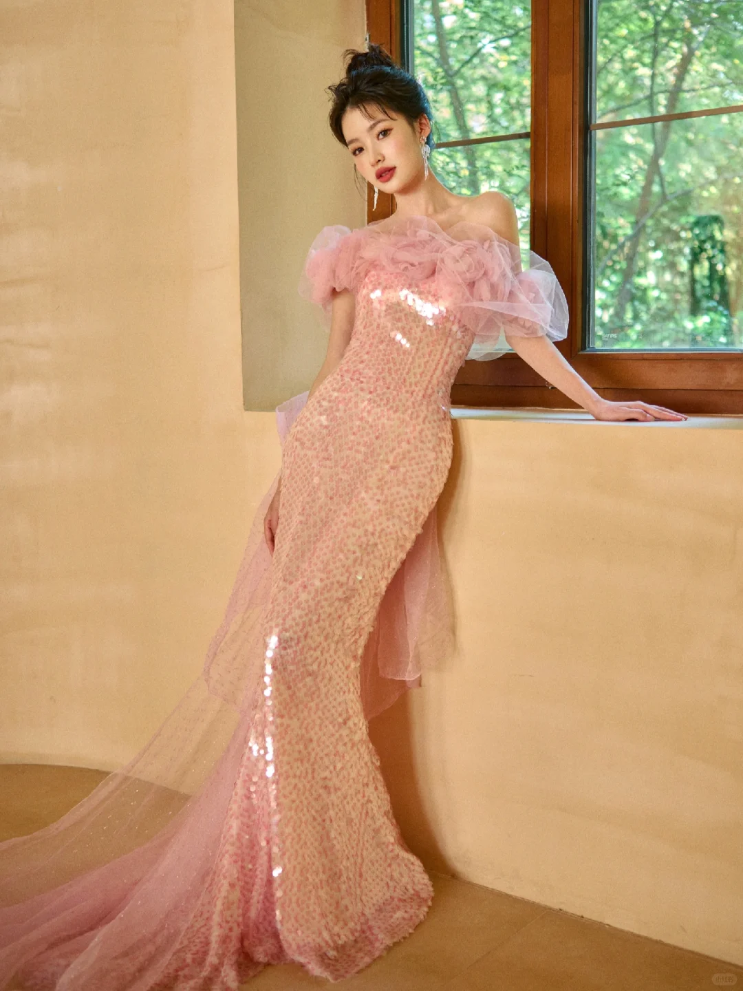 Unique Elegant Mermaid Off The Shoulder Pink Tulle Sequin Long Prom Dresses