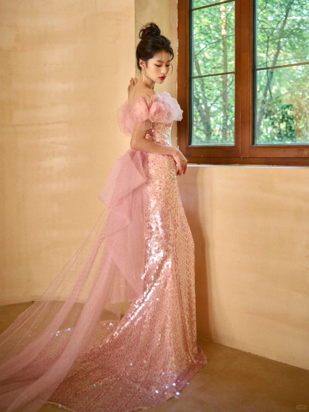 Unique Elegant Mermaid Off The Shoulder Pink Tulle Sequin Long Prom Dresses