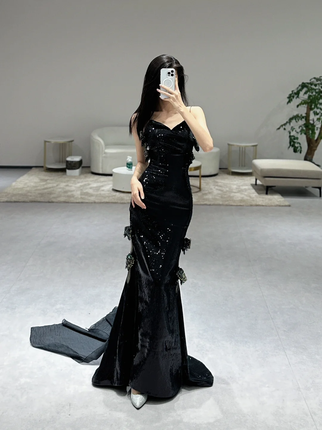 Unique Sexy Mermaid Spaghetti Straps Black Sequin Long Prom Dresses