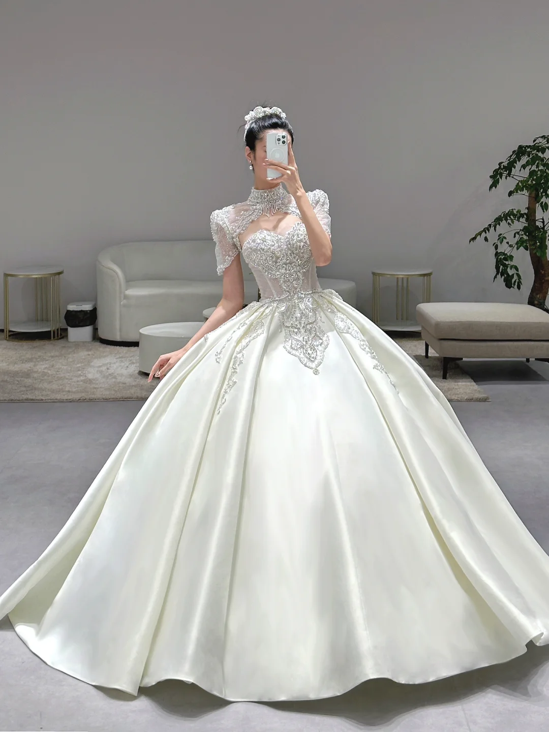 Timeless Ball Gown Satin Beaded Short Sleeves Long Wedding Dresses
