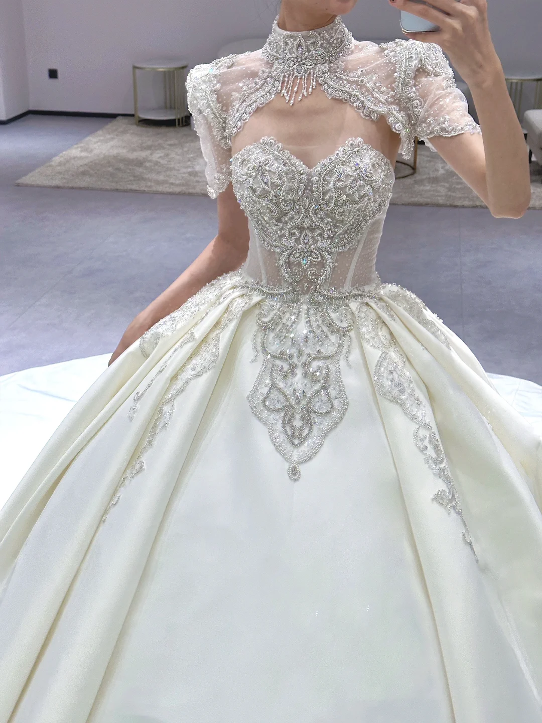 Timeless Ball Gown Satin Beaded Short Sleeves Long Wedding Dresses