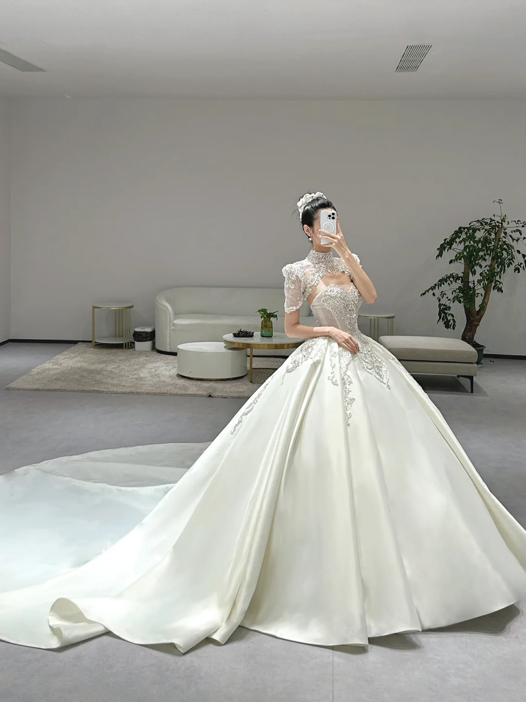 Timeless Ball Gown Satin Beaded Short Sleeves Long Wedding Dresses