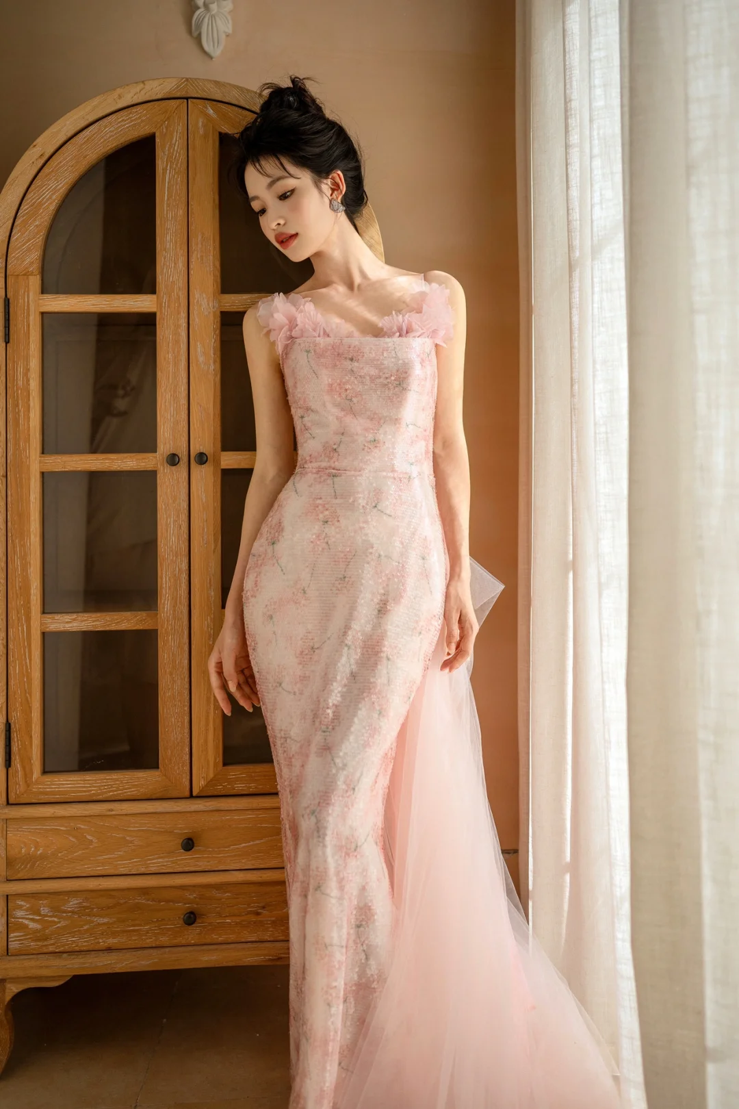 Pretty Mermaid Spaghetti Straps Pink Tulle Sequin Long Prom Dresses