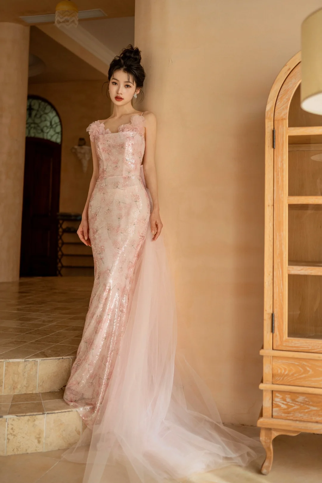 Pretty Mermaid Spaghetti Straps Pink Tulle Sequin Long Prom Dresses