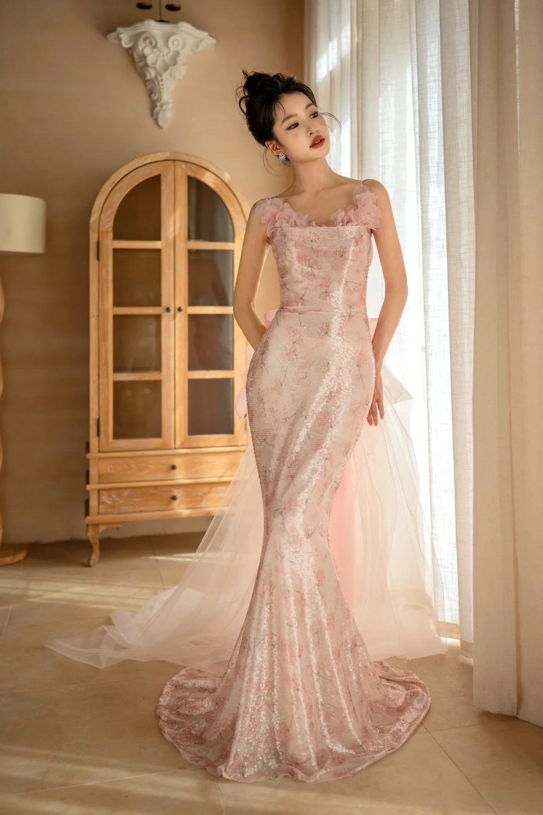 Pretty Mermaid Spaghetti Straps Pink Tulle Sequin Long Prom Dresses