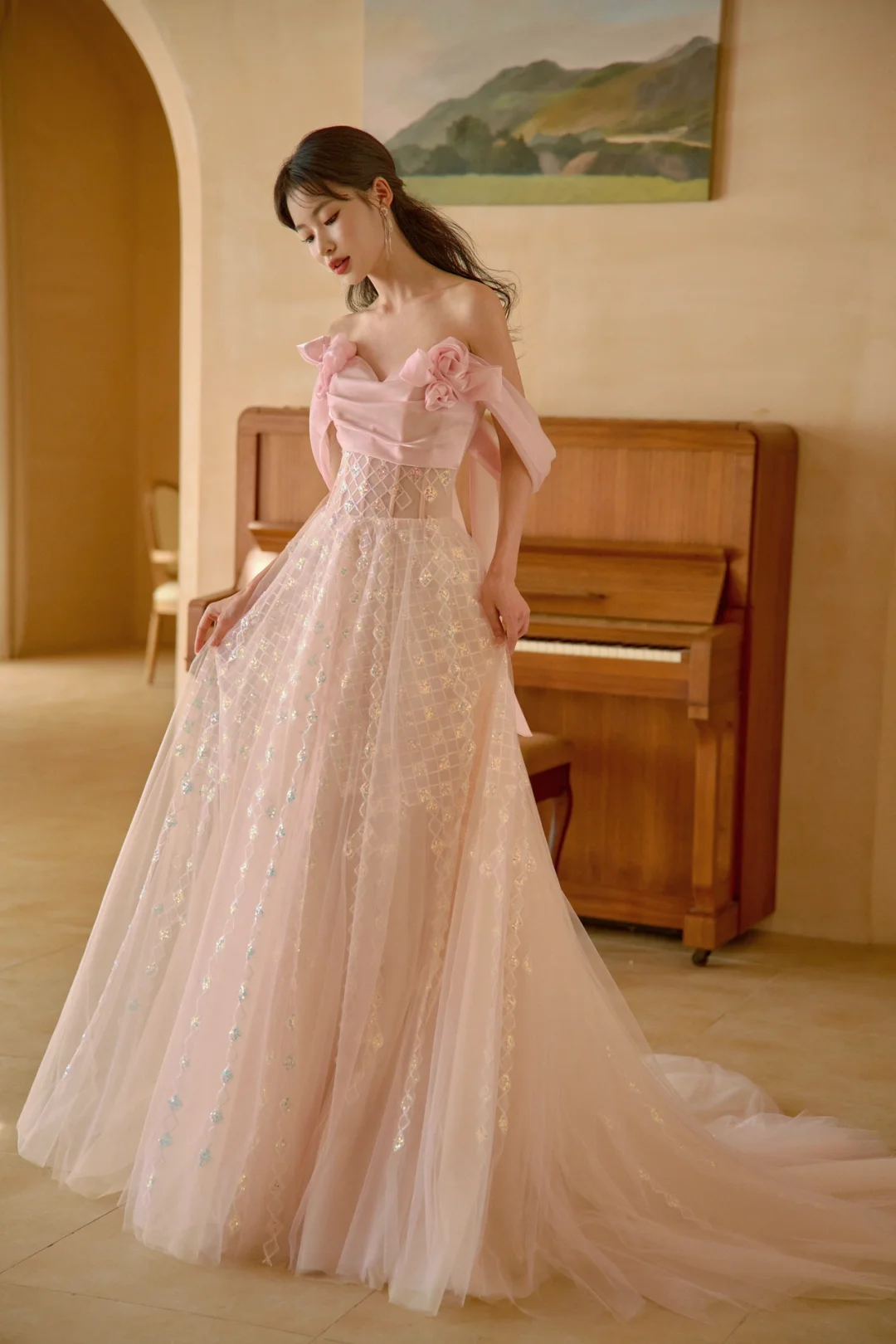 Pretty A Line Off The Shoulder Pink Satin Tulle Sequin Long Prom Dresses