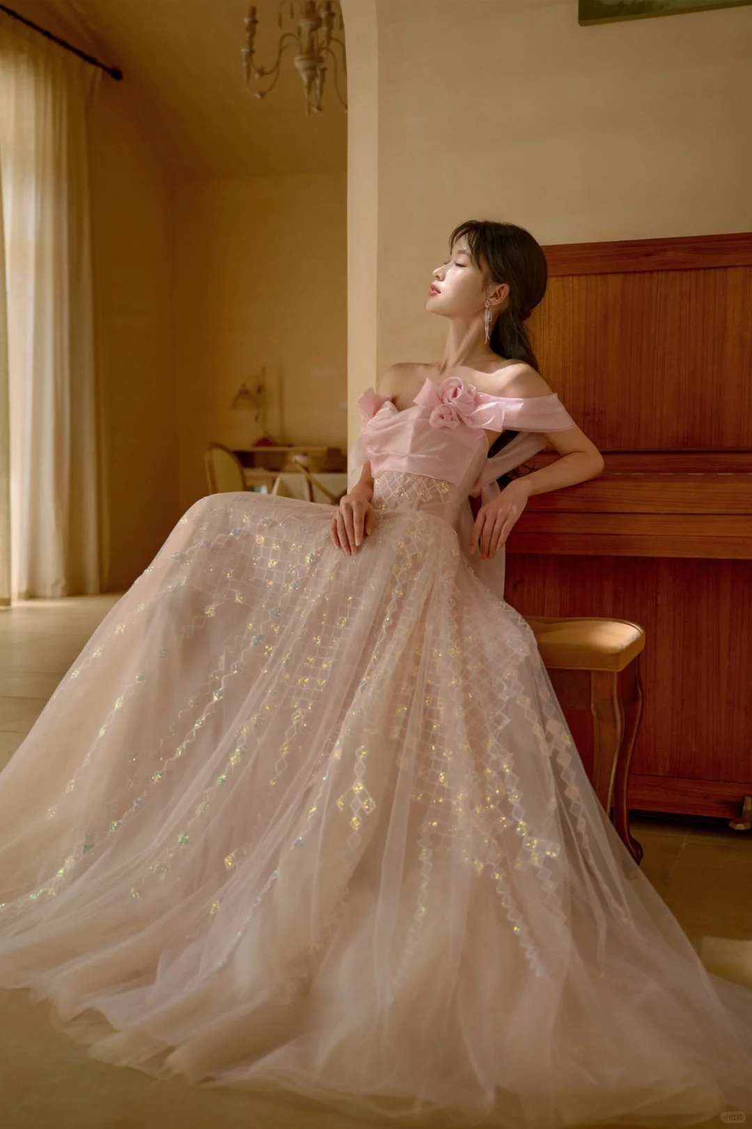 Pretty A Line Off The Shoulder Pink Satin Tulle Sequin Long Prom Dresses