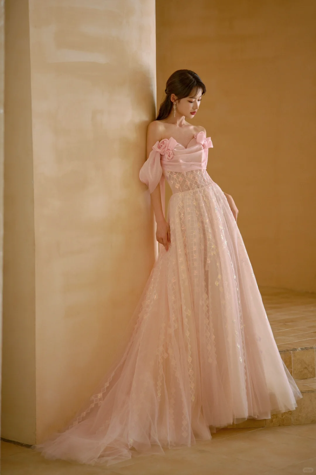 Pretty A Line Off The Shoulder Pink Satin Tulle Sequin Long Prom Dresses