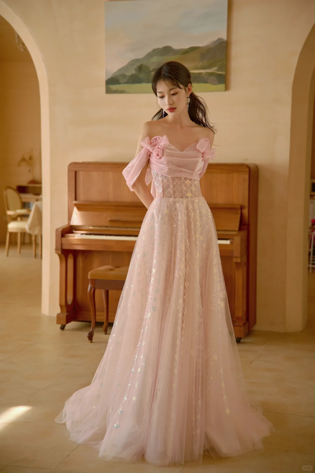 Pretty A Line Off The Shoulder Pink Satin Tulle Sequin Long Prom Dresses