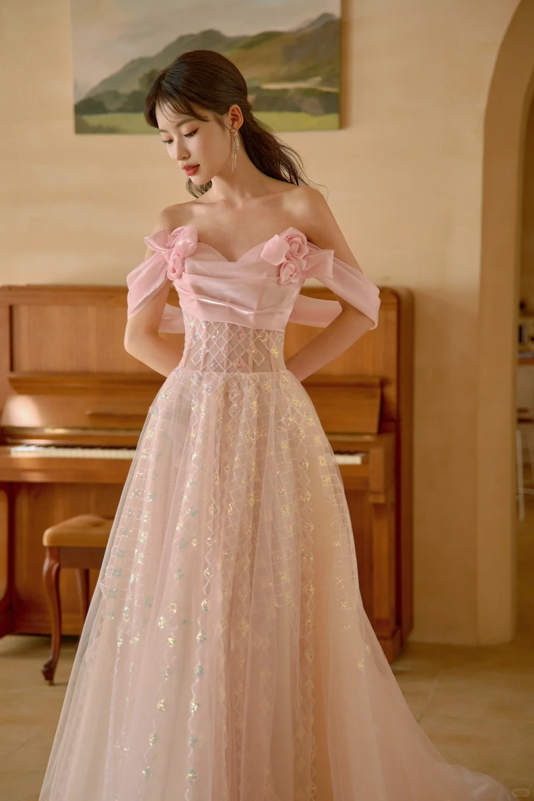 Pretty A Line Off The Shoulder Pink Satin Tulle Sequin Long Prom Dresses