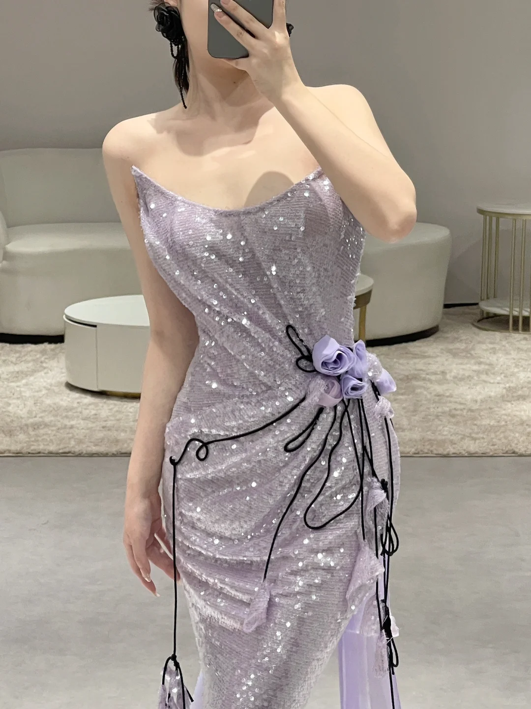 Vintage Mermaid Strapless Lilac Sequin Long Prom Dresses
