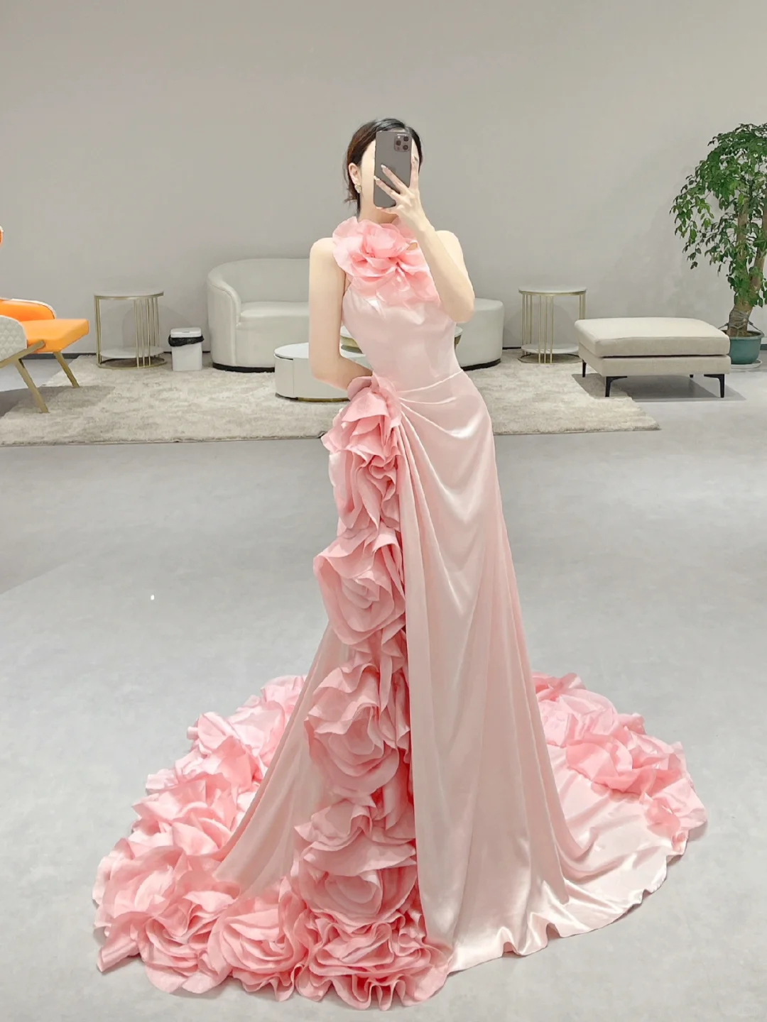 Stunning Mermaid Halter Pink Satin Flowers Long Prom Dresses