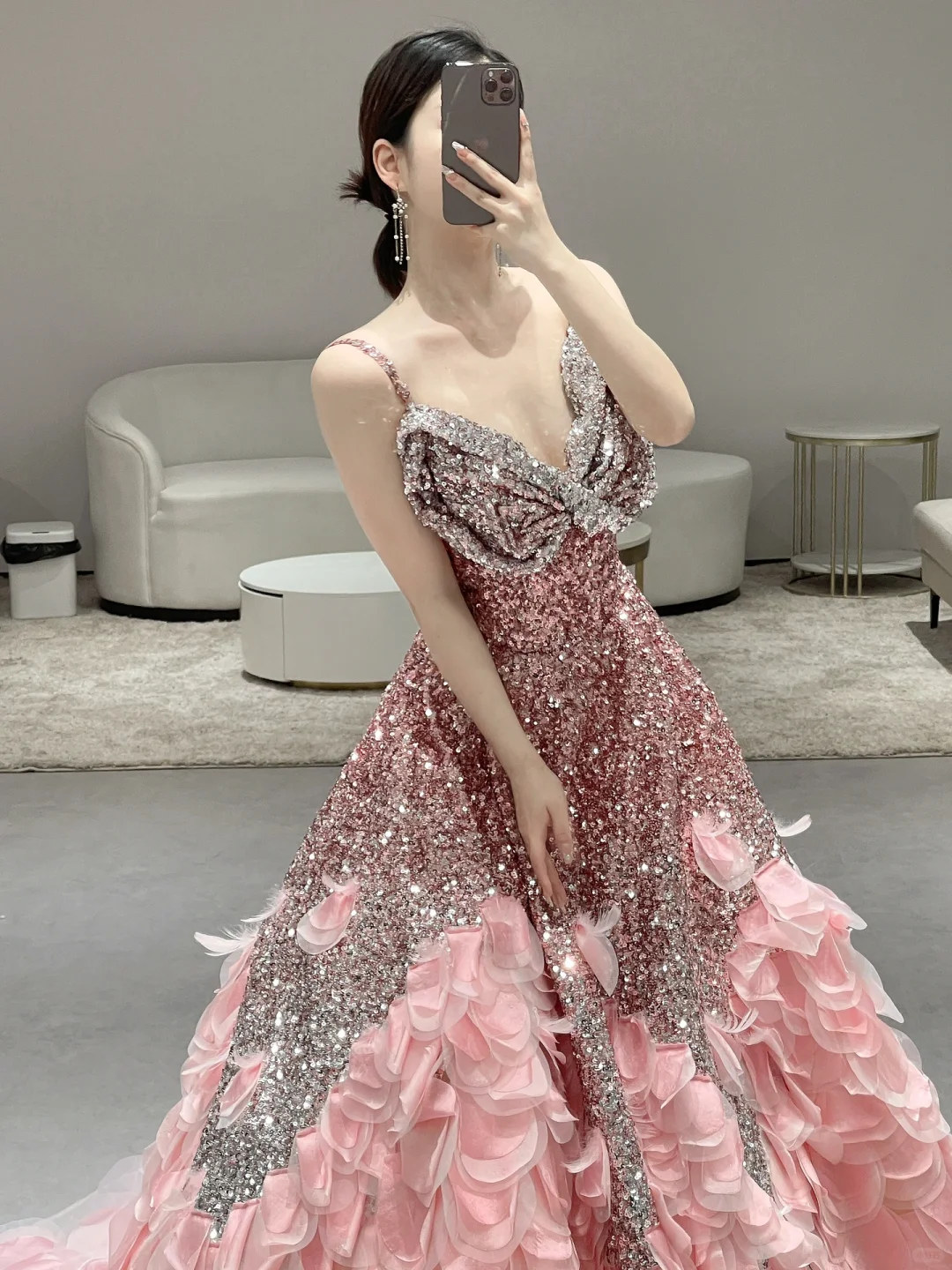 Gorgeous A Line Spaghetti Straps Satin Sequin Long Prom Dresses