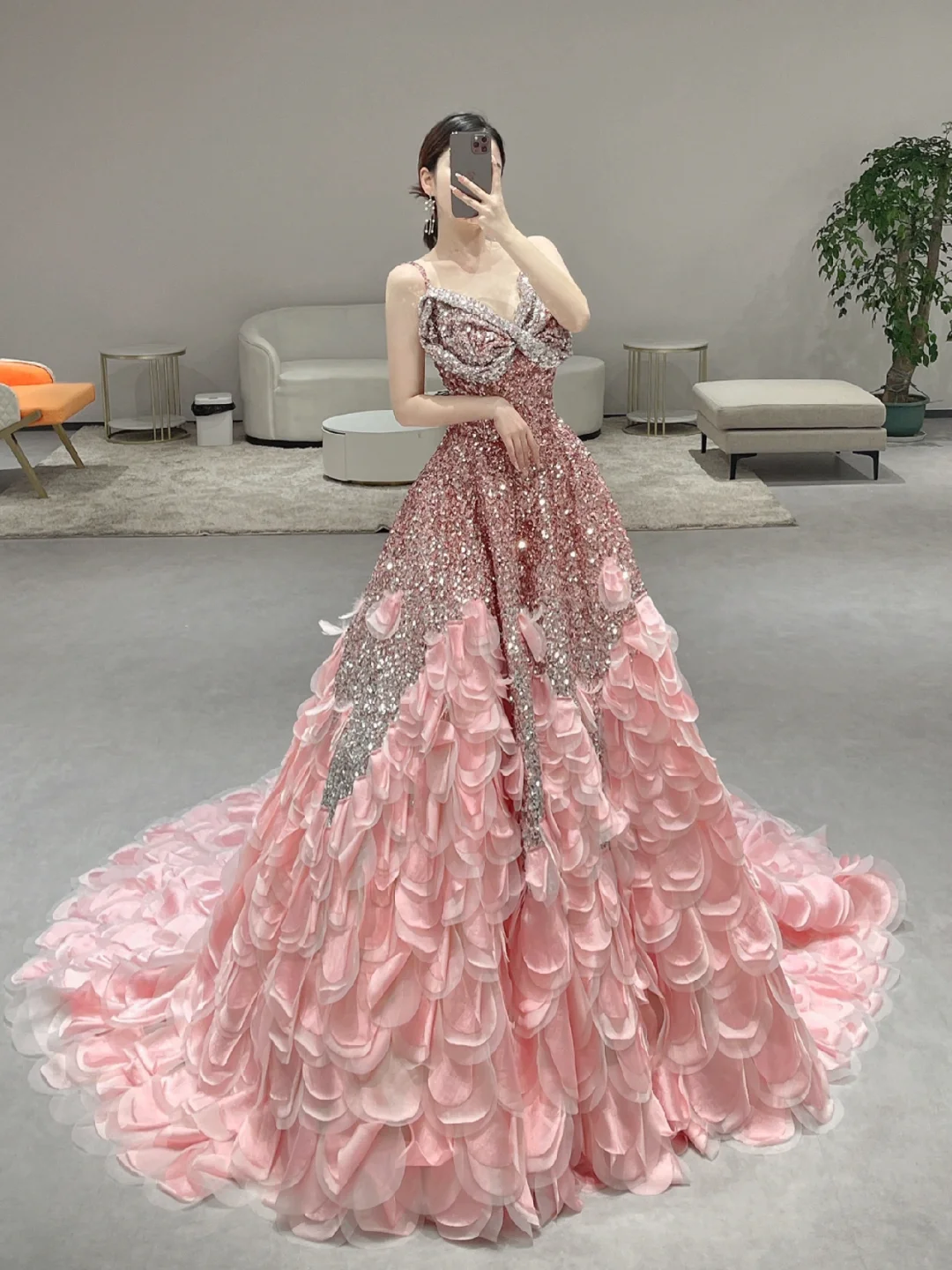 Gorgeous A Line Spaghetti Straps Satin Sequin Long Prom Dresses