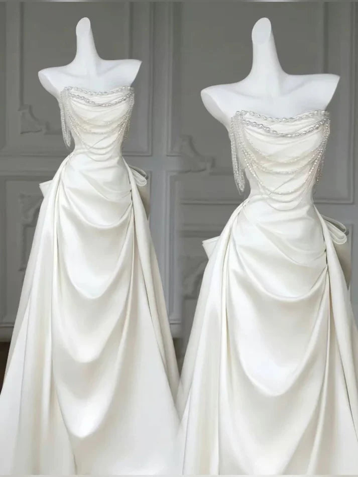 Elegant A Line Strapless Satin Beaded Pleated Long Wedding Dresses