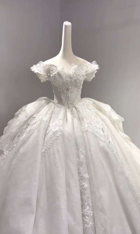 Timeless Ball Gown Off The Shoulder Tulle Lace Beaded Long Wedding Dresses
