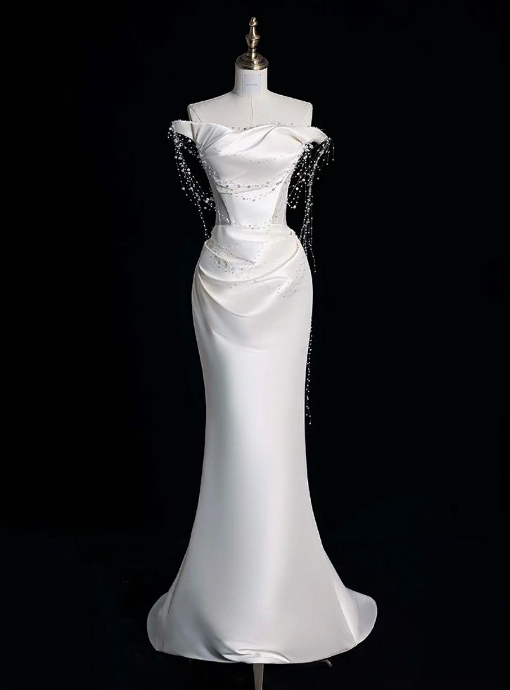 Dreamy Mermaid Off The Shoulder Satin Beaded Long Wedding Dresses