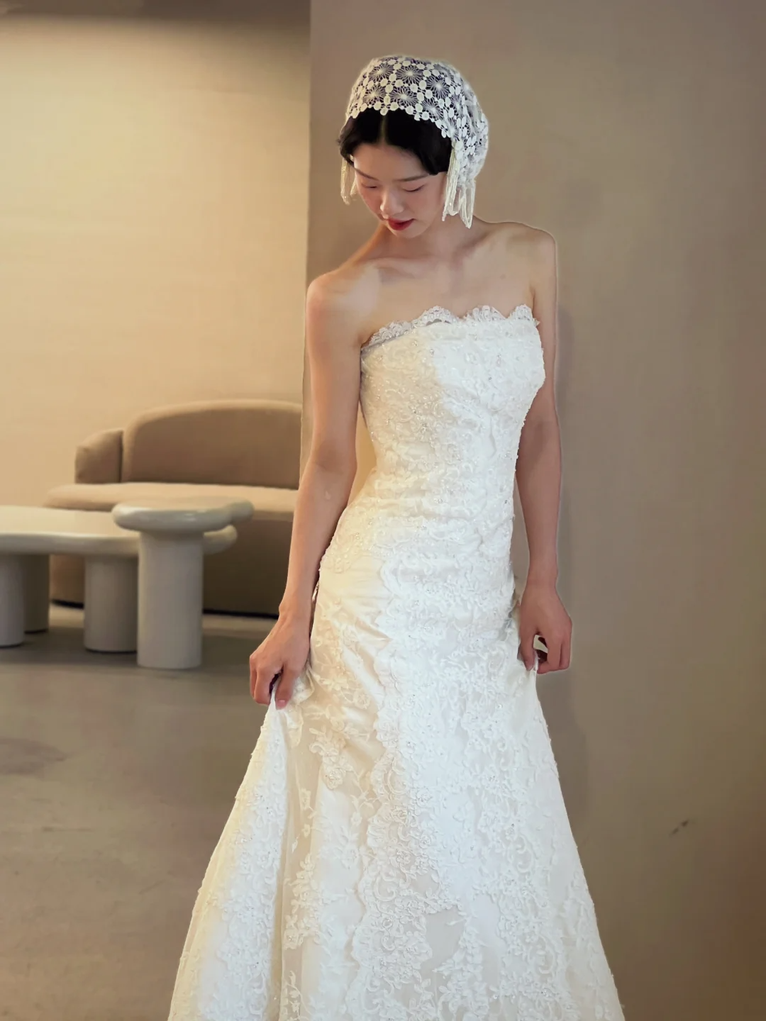 Vintage Mermaid Strapless Satin Lace Long Wedding Dresses