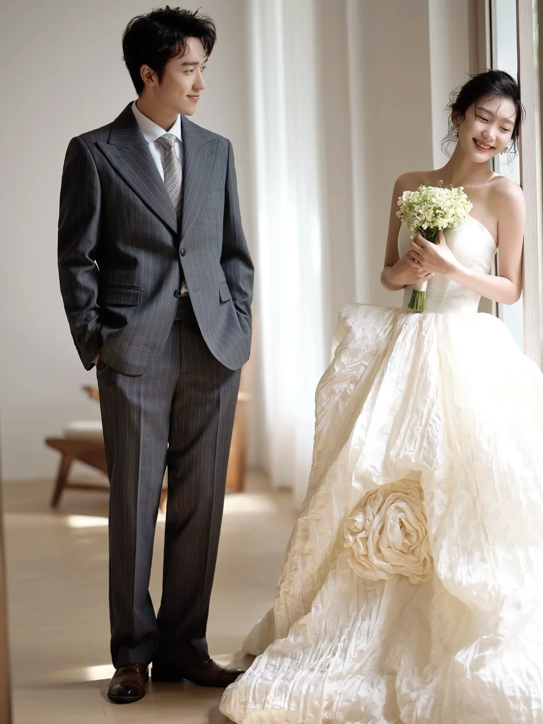 Unique Ball Gown Strapless Satin Long Wedding Dresses