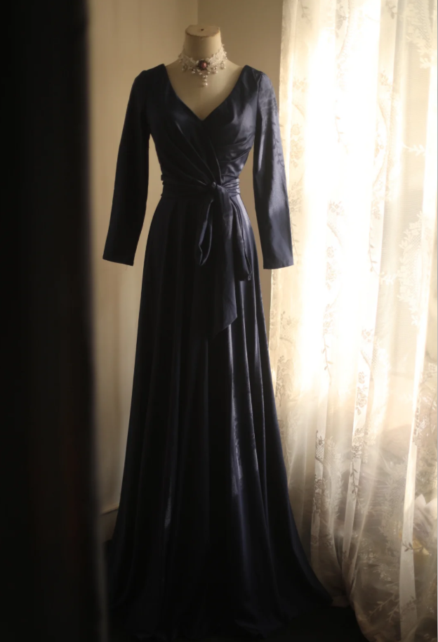 Elegant V Neck Navy Blue Satin Mermaid Long Wedding Guest Dress Formal Birthday Evening Dress