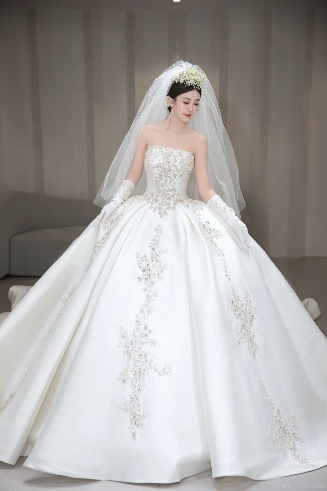Timeless Ball Gown Strapless Satin Beaded With Gloves and Veil Long Wedding Dresses