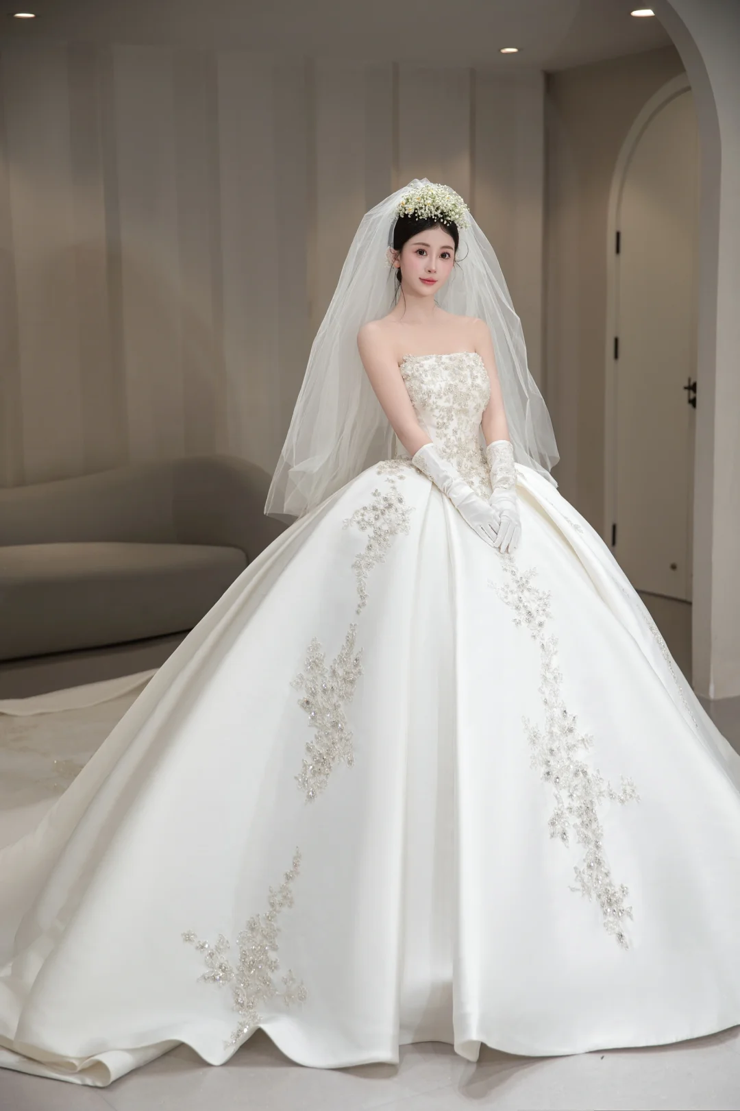 Timeless Ball Gown Strapless Satin Beaded With Gloves and Veil Long Wedding Dresses