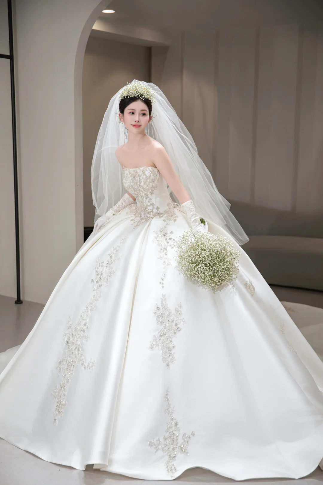 Timeless Ball Gown Strapless Satin Beaded With Gloves and Veil Long Wedding Dresses