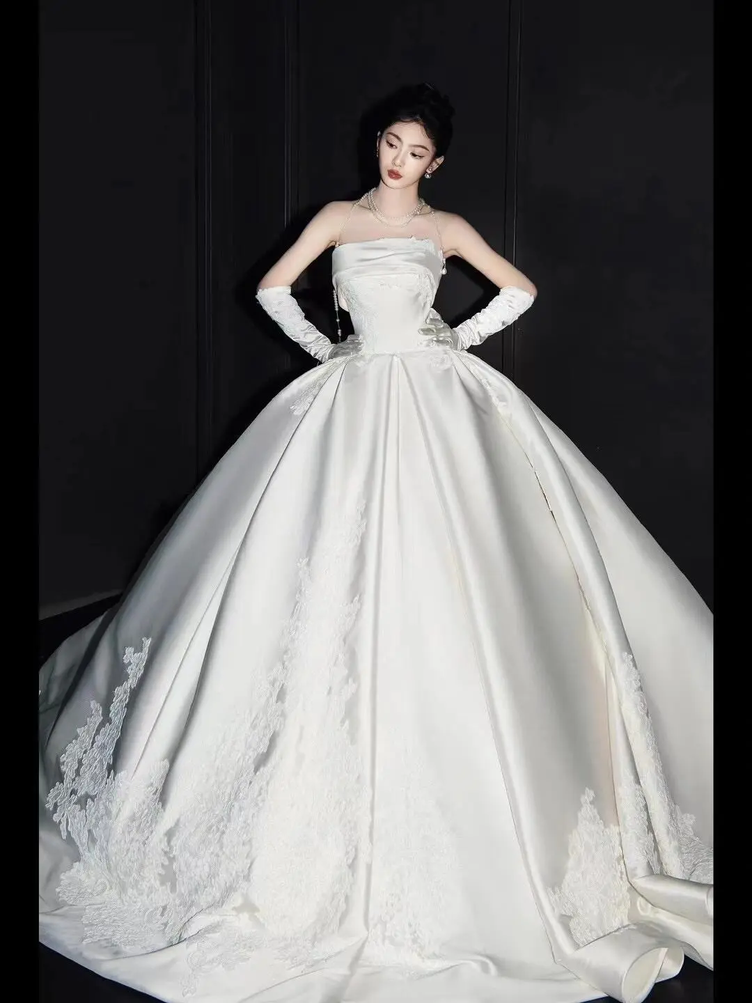 Timeless Ball Gown Strapless Satin Applique With Gloves Long Wedding Dresses