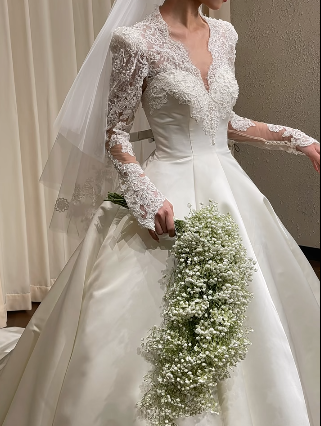 Elegant Ball Gown V Neck Satin Lace Long Sleeves With Veil Long Wedding Dresses